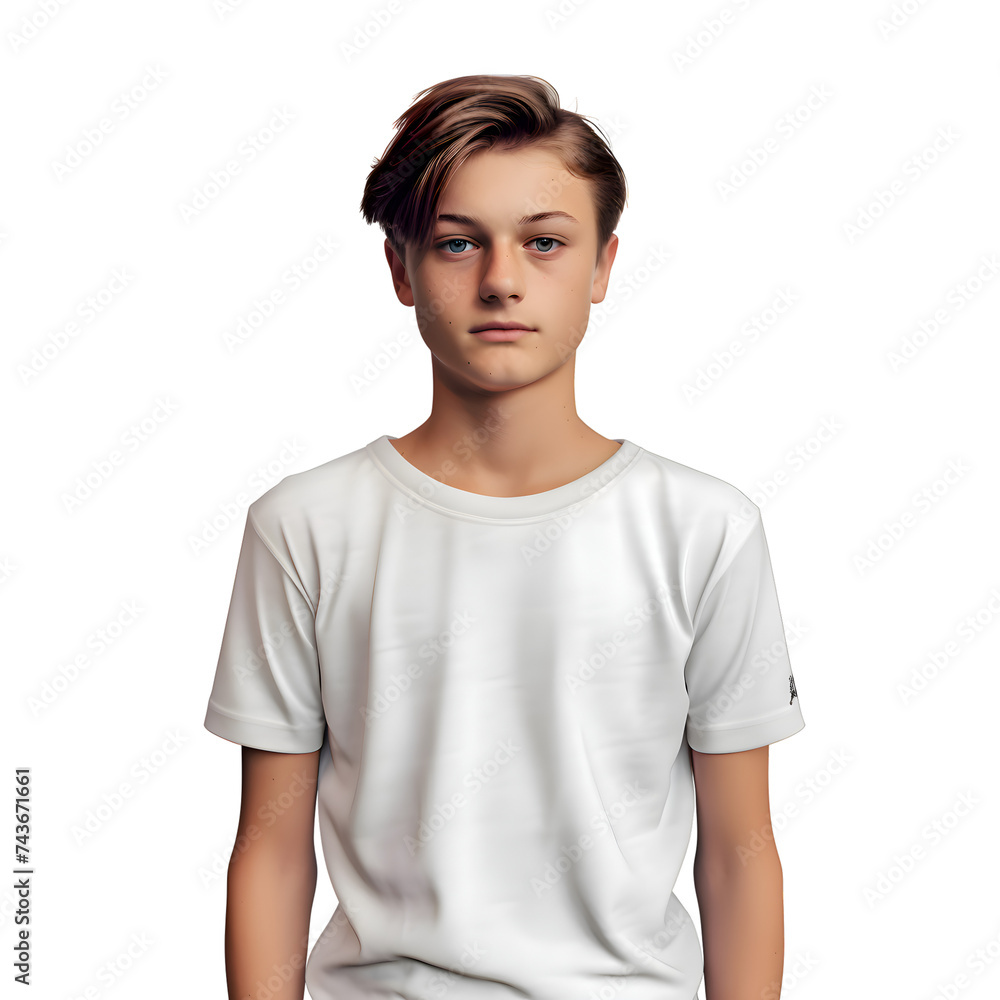 Portrait of a handsome young man in a white T shirt on a white background