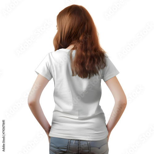back view of woman in blank white t shirt isolated on white