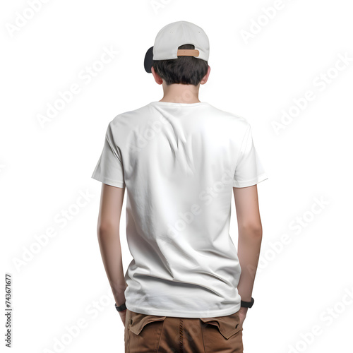Rear view of a young man wearing blank white t shirt. isolated on white background