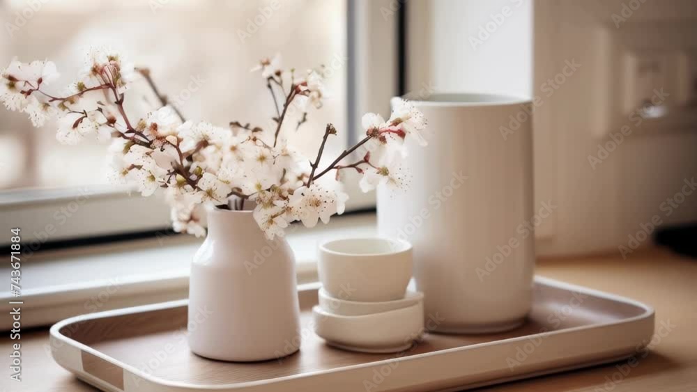 Tray with two vases and two cups, perfect for home decor or kitchen themes Tray with two vases and two cups, perfect for home decor or kitchen themes