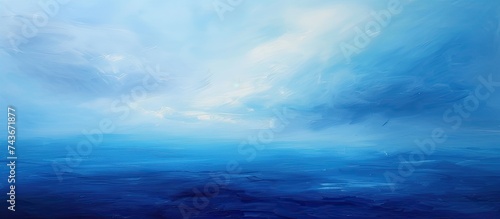 A painting depicting a vast blue ocean under a stunningly vibrant blue sky  adorned with fluffy white clouds. The serene scene captures the beauty of natures elements harmoniously blending together.