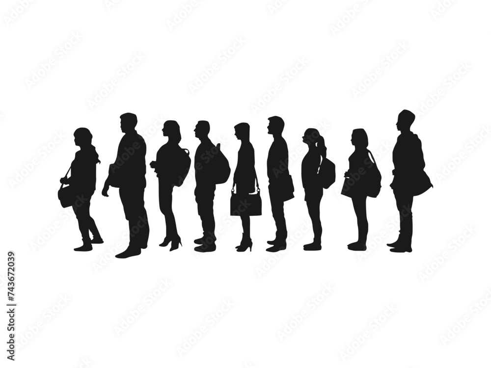 college students standing silhouettes. Flat vector illustration. Black silhouettes of beautiful mans and womans. Collage of silhouette people standing in line against white background.