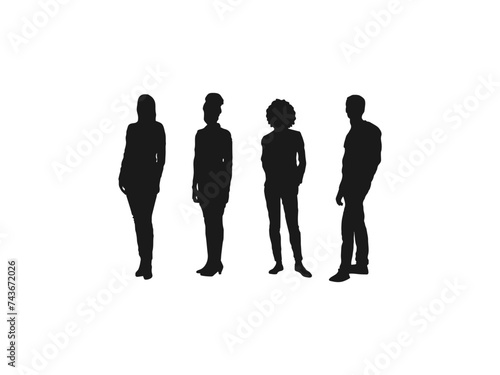 College students standing silhouettes. Set of silhouettes. Flat vector illustration. silhouettes of beautiful mans and womans. Collage of silhouette people standing in line against white background. photo