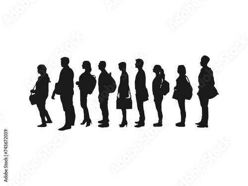 college students standing silhouettes. Flat vector illustration. Black silhouettes of beautiful mans and womans. Collage of silhouette people standing in line against white background.