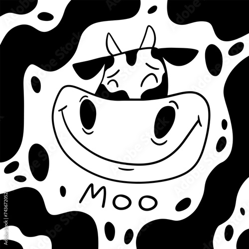 cute cow face with moo word. Funny cow cartoon portrait. Flat vector illustration.