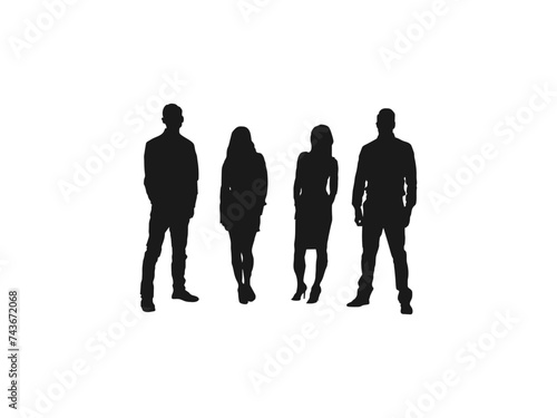 College students standing silhouettes. Set of silhouettes. Flat vector illustration. silhouettes of beautiful mans and womans. Collage of silhouette people standing in line against white background.