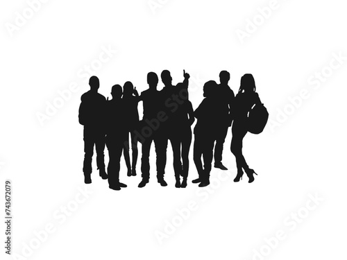 College students standing silhouettes. Set of silhouettes. Flat vector illustration. silhouettes of beautiful mans and womans. silhouette people standing in line against white background.
