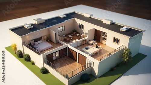 3d rendering dream house on a floor, 3d illustration model house © home 3d
