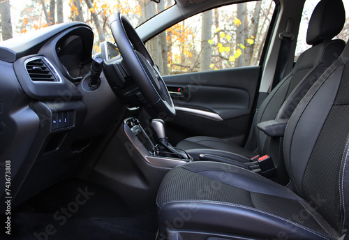 Side View Of Front Leather Seats Inside A Car At Open Air Parking © AnyVIDStudio