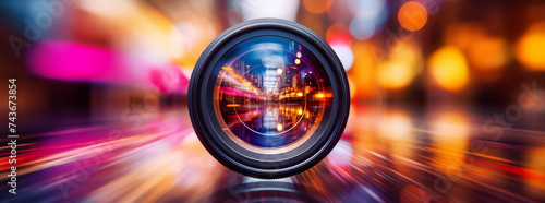 a camera lens on a colorful bokeh background