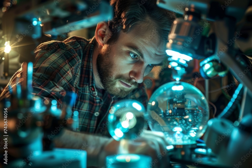 Focused male scientist examining glass flasks in a dimly lit laboratory setting.