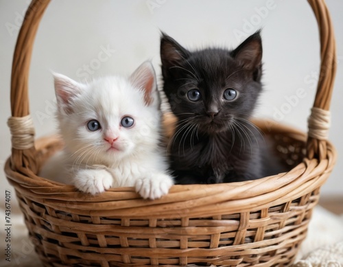 Black and white kittens in a basket