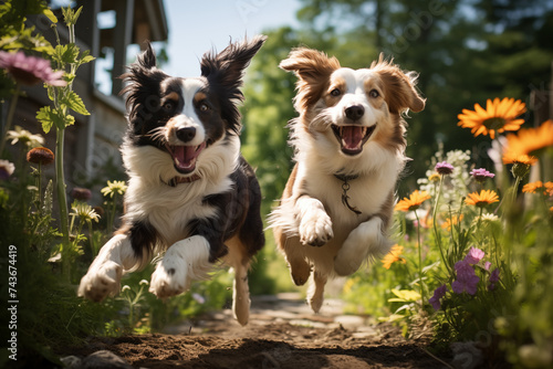 Two dogs running towards the camera in a garden