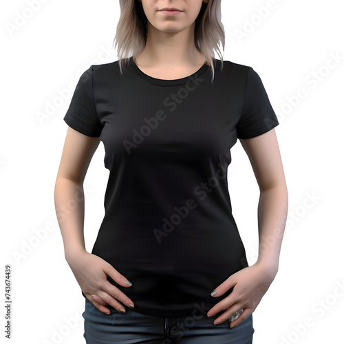 Blonde woman in black t shirt isolated on white background.
