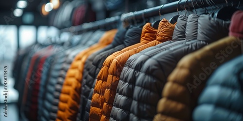 Elegant outdoor jackets displayed in a boutique, modern fashion trends photo