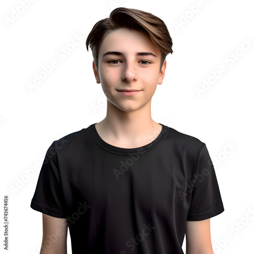 Portrait of a teen boy in black t shirt on white background