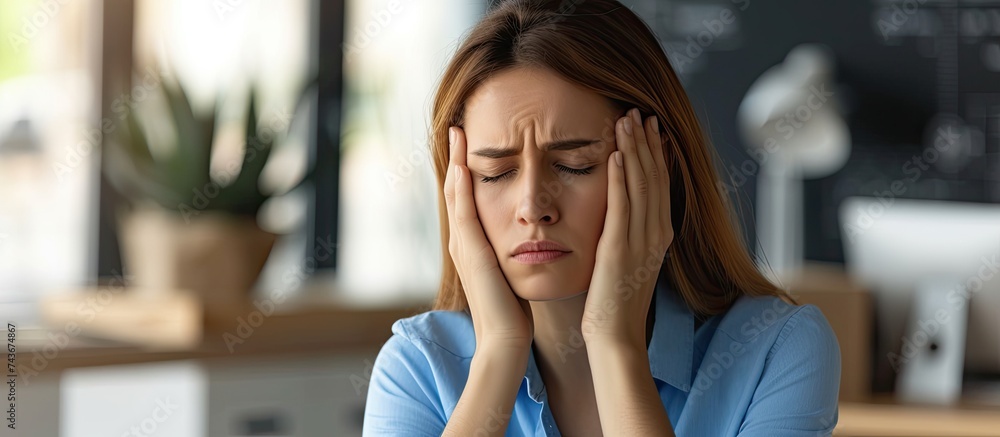 A tired female employee with health issues feeling unwell, experiencing dizziness, blurry vision, and headaches, unable to work.