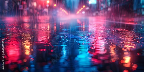 Evening downpour in the city captures reflections of urban lights on wet surfaces
