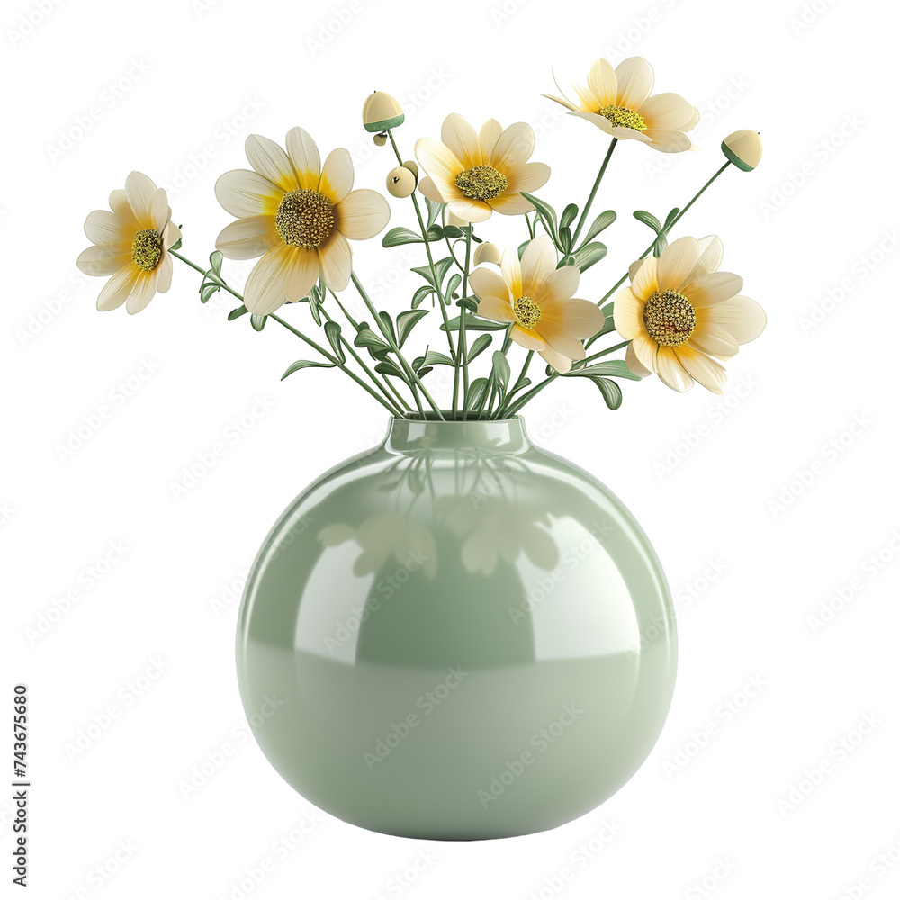 Round shape vase, flowers, light green, realistic photo, pure white background, solid color fill, simple color scheme, clean and atmospheric isolated PNG