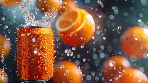 Orange plain soft-drink can 330ml Floating, tilted up slightly, facing camera, crispy fresh oranges in the air scattered too, all hovering in an abstract vibrant space, thee of Juicy orange colour