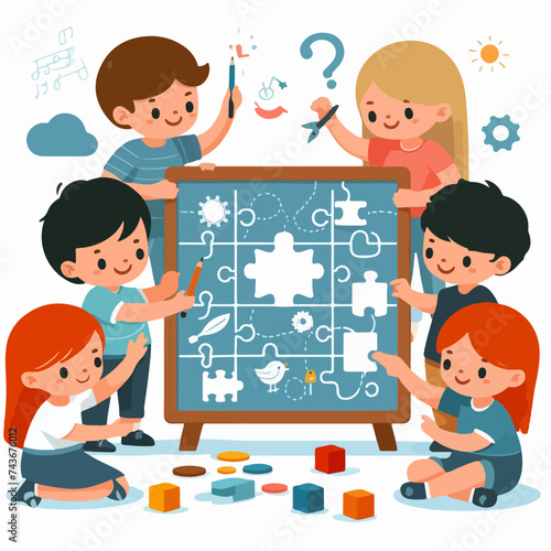 Flat design illustration concept of training kids teamwork and intelligence with puzzles