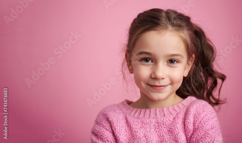 Russian kid girl in pink sweater on pink background. Happy smile