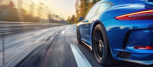 Rear view of fast blue car on high speedway motion. AI generated image