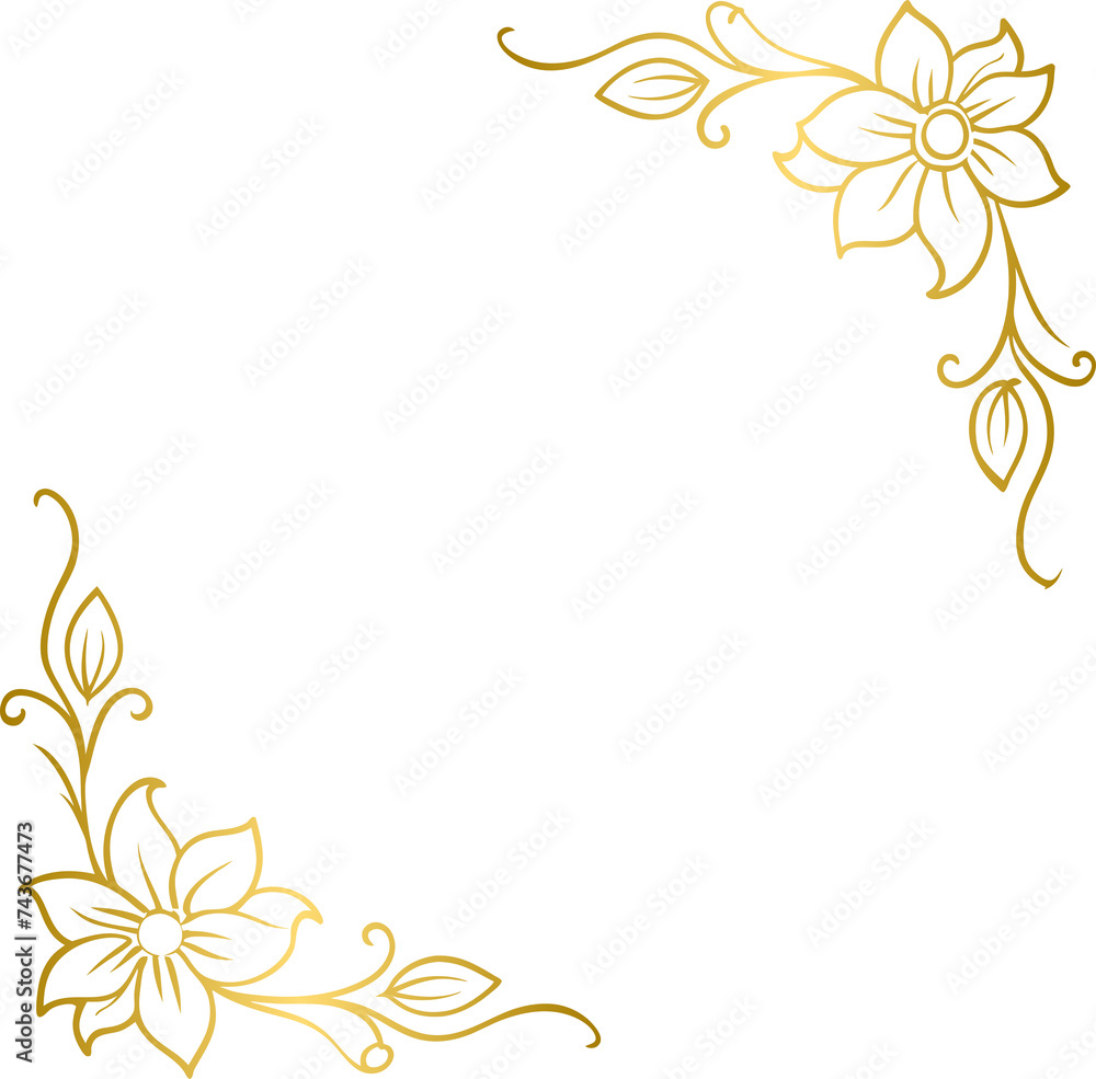 Golden floral corner border, gold hand drawn doodle style corner border frame with flowers
