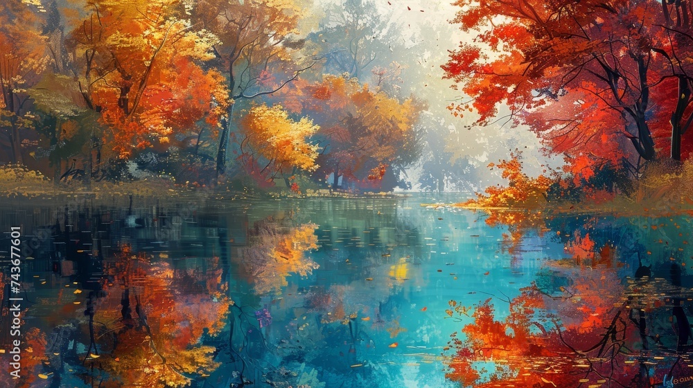 Depict a serene lake surrounded by autumn trees, where the water holds a perfect reflection of the foliage's vibrant colors