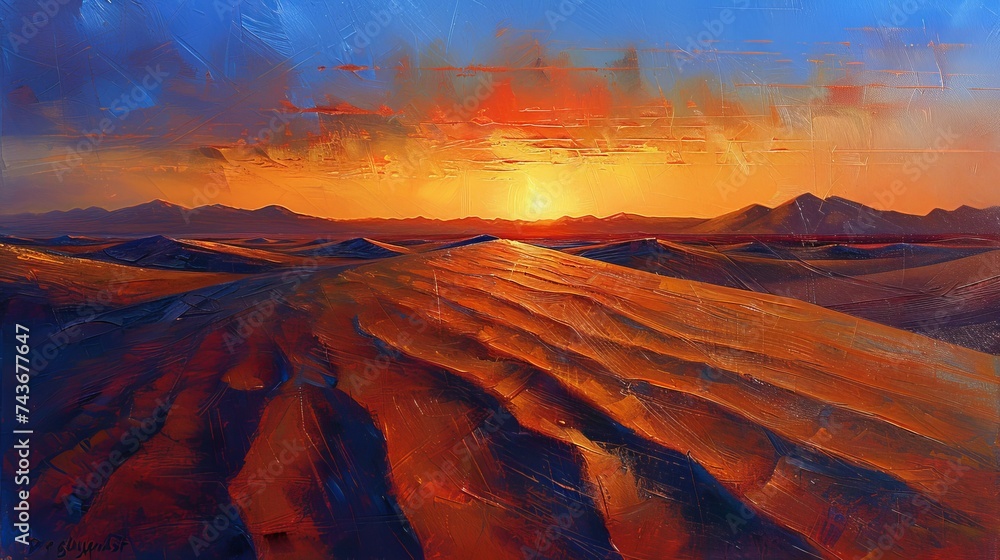 Depict a sunset over a desert, with long shadows and a spectrum of colors painting the sands and dunes