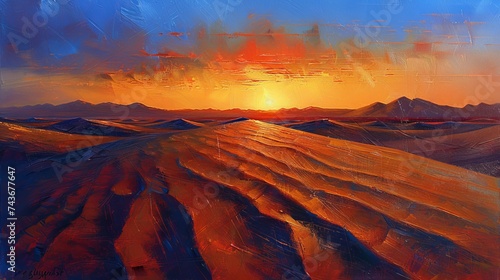 Depict a sunset over a desert, with long shadows and a spectrum of colors painting the sands and dunes © MAY