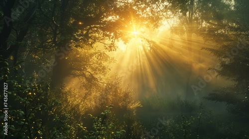 Depict the first rays of sunlight piercing through a misty forest  illuminating the dew-drenched foliage