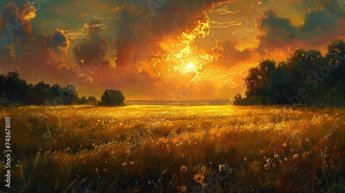 Depict the peaceful end of a day in the rural countryside, where the setting sun kisses the fields goodnight © MAY