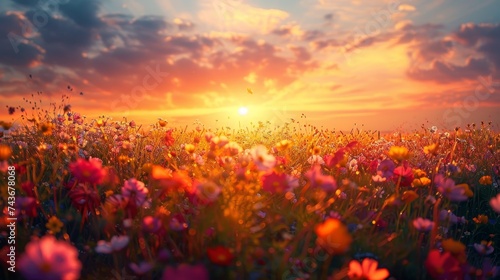 Depict the sun rising above a vibrant field of flowers, casting a soft light that awakens the colors of nature