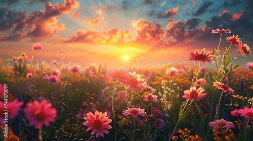 Depict the sun rising above a vibrant field of flowers, casting a soft light that awakens the colors of nature