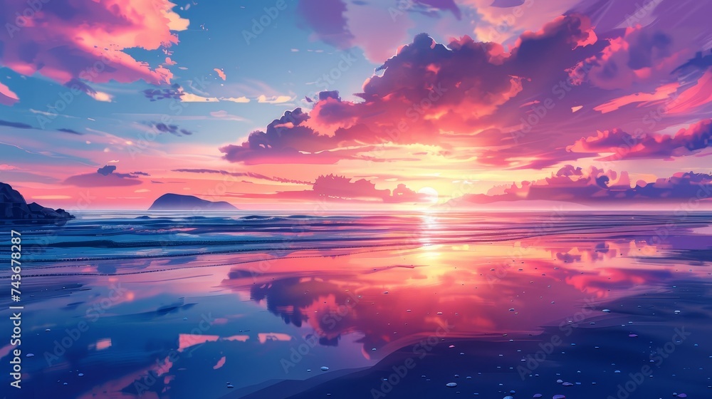 Illustrate a beach scene at sunset, where the calm sea reflects the vibrant colors of the sky