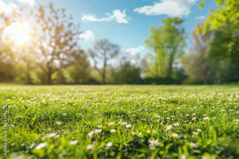 Serenity in Green: Lawn Surrounded by Trees with a Softly Blurred Background