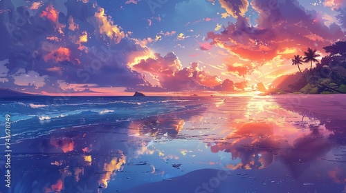 Illustrate a beach scene at sunset, where the calm sea reflects the vibrant colors of the sky © MAY