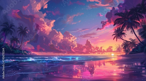 Illustrate a beach scene at sunset, where the calm sea reflects the vibrant colors of the sky