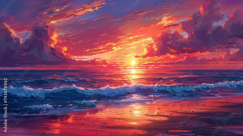 Illustrate a panoramic view of a sunset at the beach, where the horizon meets the sea in a blaze of colors