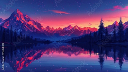 Illustrate a mountain range at dusk, with lakes reflecting the fading light, blending the boundaries between earth and sky