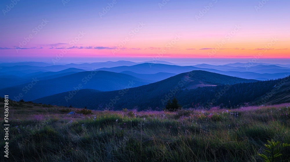Illustrate the early morning glow on a mountain, where the horizon meets the first signs of daylight Illustrate the early morning glow on a mountain, where the horizon meets the first signs of daylight