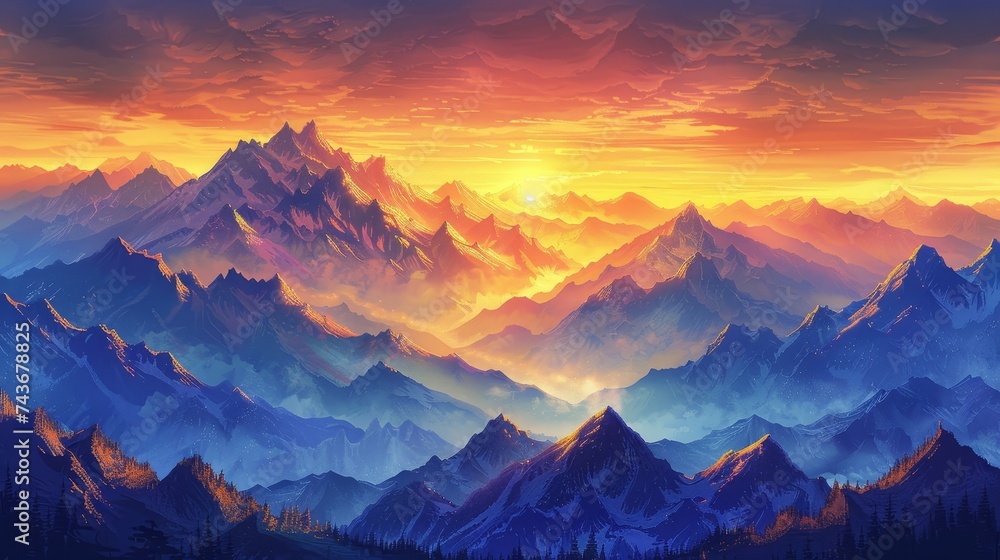 Illustrate the majestic view of mountains at sunrise, with peaks glowing under a golden sky, embodying peace and grandeur