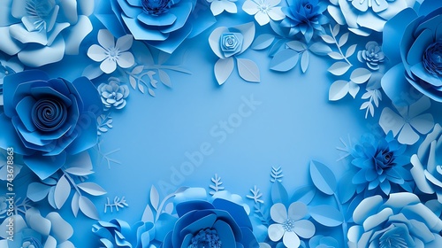 Background of blue paper flowers with empty space for text or greeting card design. Postcard for International Women's Day and Mother's Day. Generative Ai photo