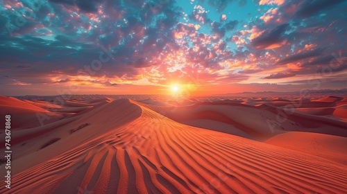 Illustrate the serene calm of a desert at sunset, where the stillness speaks volumes