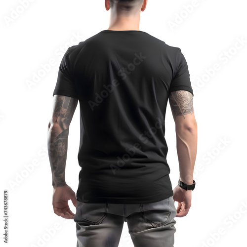 Tattooed man in black t shirt on white background