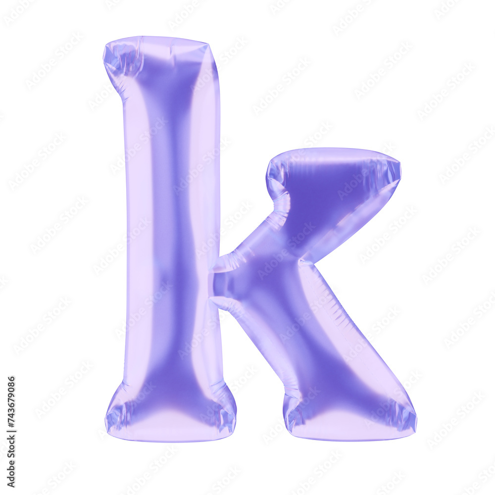 Inflated 3D lowercase letter K in purple foil balloon style. Realistic inflated render, isolated on transparent background Inflated 3D lowercase letter K in purple foil balloon style. Realistic inflated render, isolated on transparent background