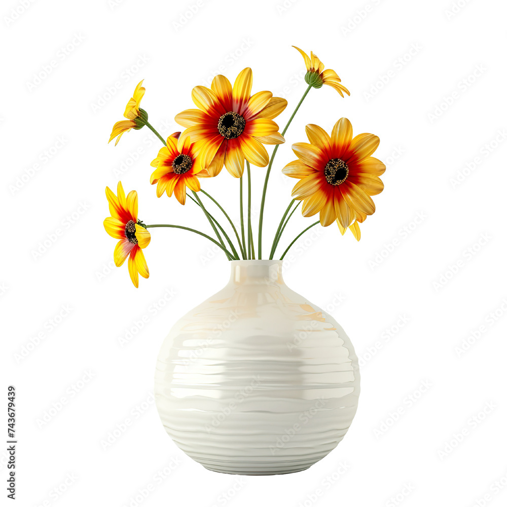 Round shape vase, flowers, white and yellow, realistic photo, pure white background, solid color fill, simple color scheme, clean and atmospheric isolated PNG Round shape vase, flowers, white and yellow, realistic photo, pure white background, solid color fill, simple color scheme, clean and atmospheric isolated PNG