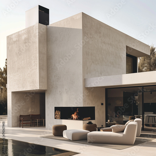 Ultra modern cube house with white an outside lounge and an outdoor fireplace, style of realistic landscape with soft edge,Italian landscape, American mid century design, two story house  photo