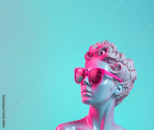 Holographic Woman Wearing Sunglasses Against Pink Background